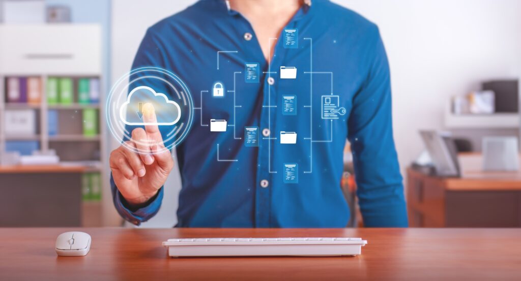Cloud computing for document management. Man using virtual interface to organize and secure files.