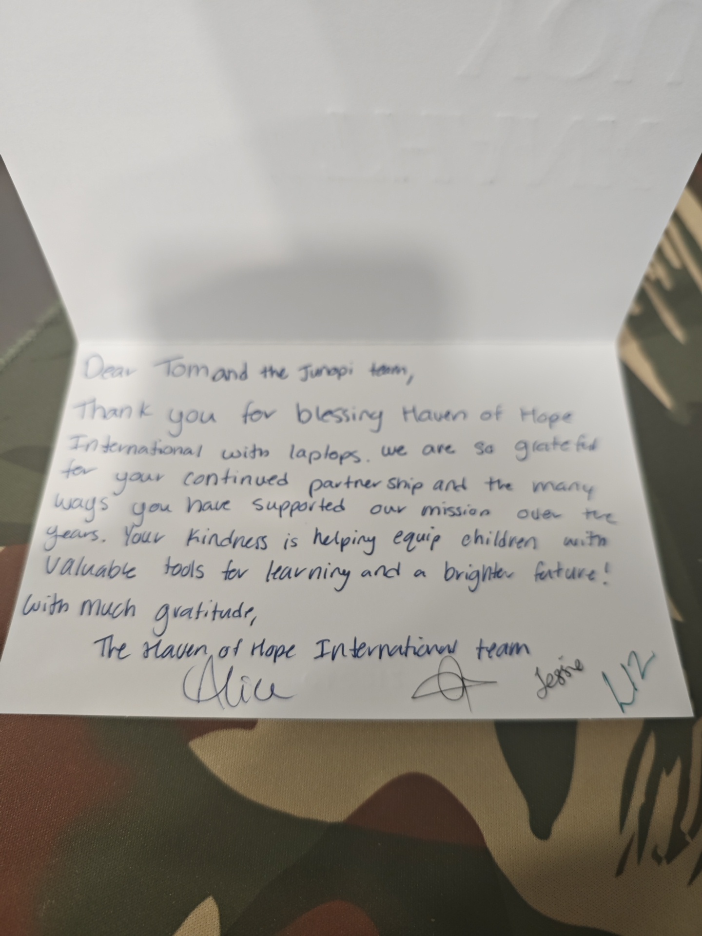 Handwritten thank-you card from the Haven of Hope International team
