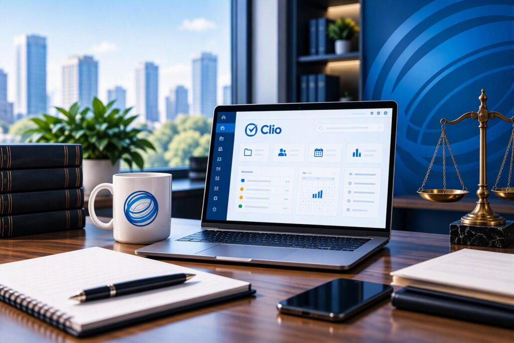 Modern law firm workspace featuring practice management software, legal office elements, and Junopi-inspired visual branding.