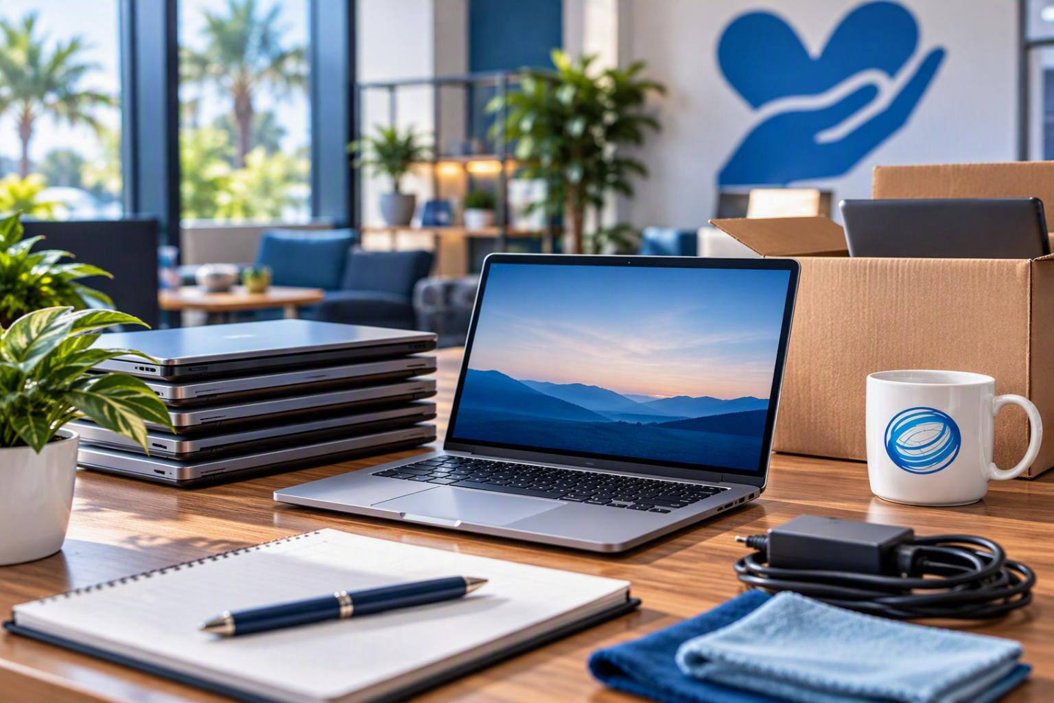 Refurbished laptops prepared for donation alongside cleaning and setup materials in a community-focused environment.