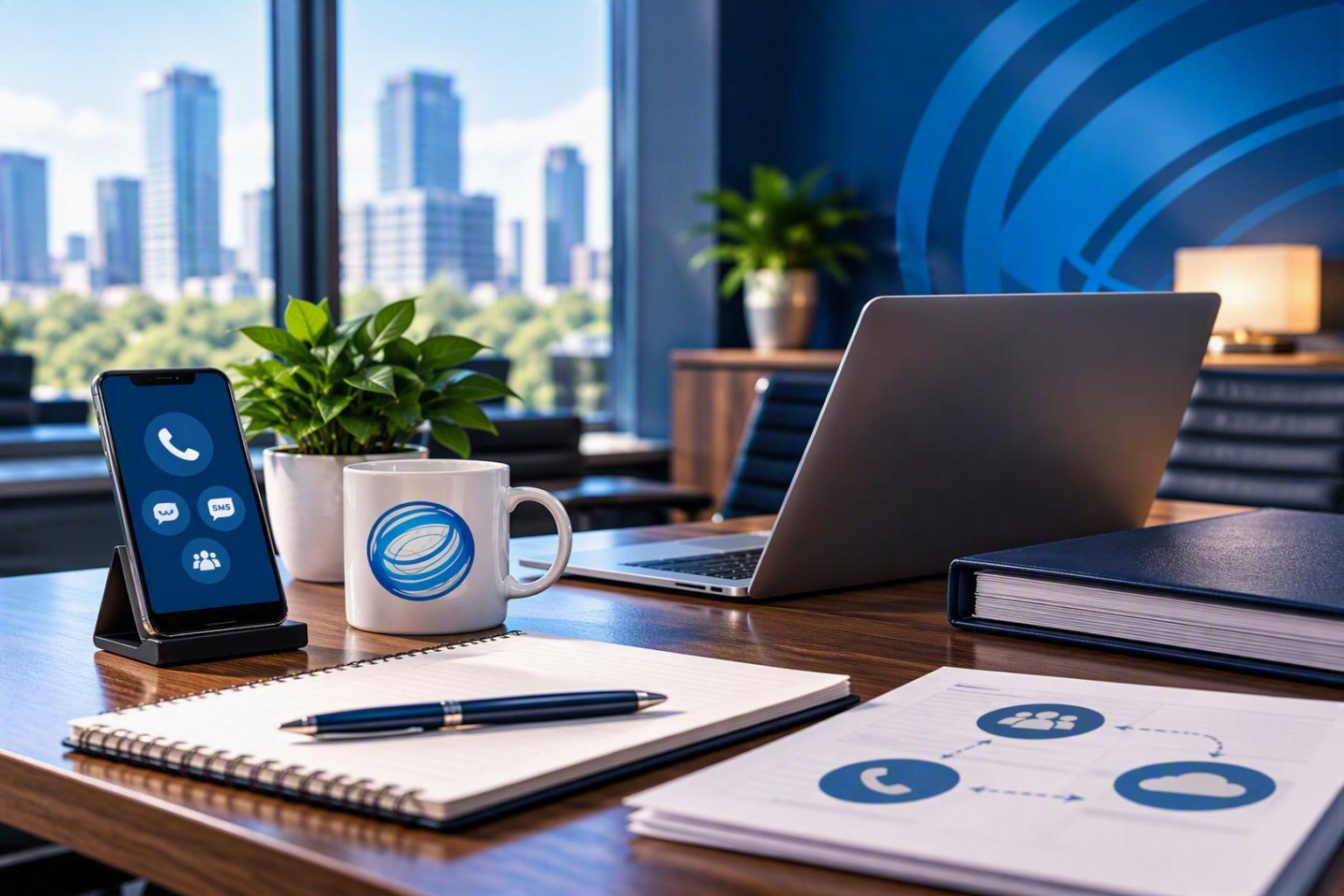 Business continuity workspace featuring alternative communication tools, planning materials, and a professional office environment.