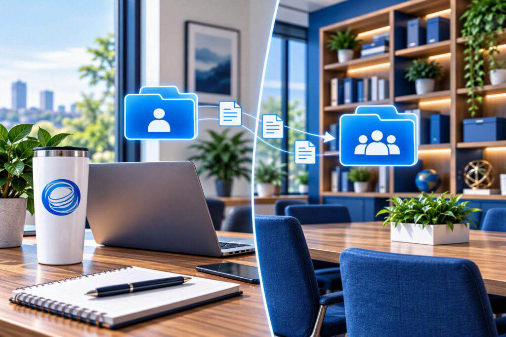 Split workspace showing personal file ownership transitioning to shared team ownership, illustrating the difference between OneDrive and SharePoint.